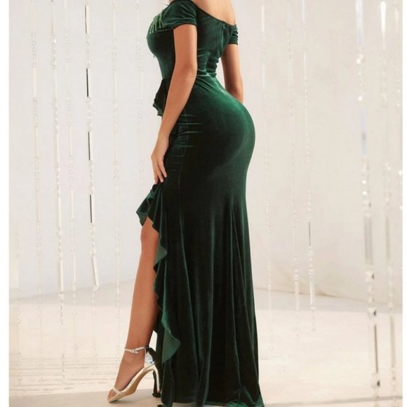 dark green velvet ruffle trim split thigh bead fringe detail dress holiday party - Picture 5 of 6